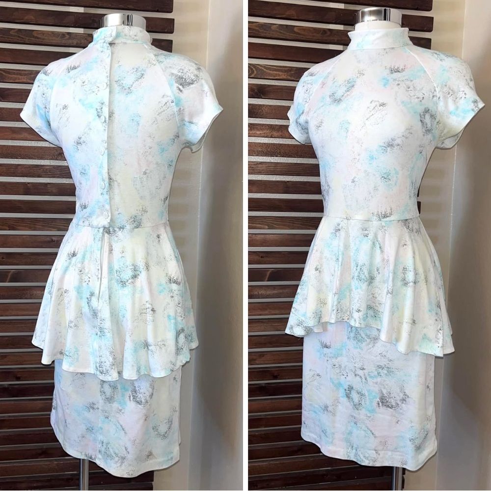 All That Jazz Vintage 1980s 80s White Pink Blue Gray High Neck Peplum Dress